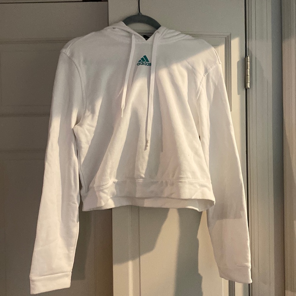 White Adidas Girls Hoodie with Green Stripes on Back (Size L)